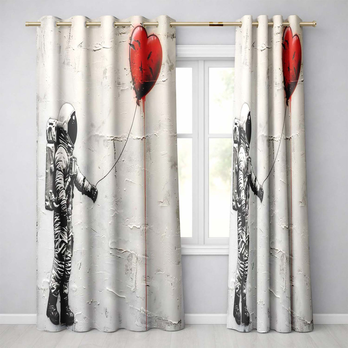 Astronaut Holding Red Heart Balloon Minimal Graffiti Modern Design for Home Decor Readymade Eyelet Ring Top Thermal 100% Blackout Curtains