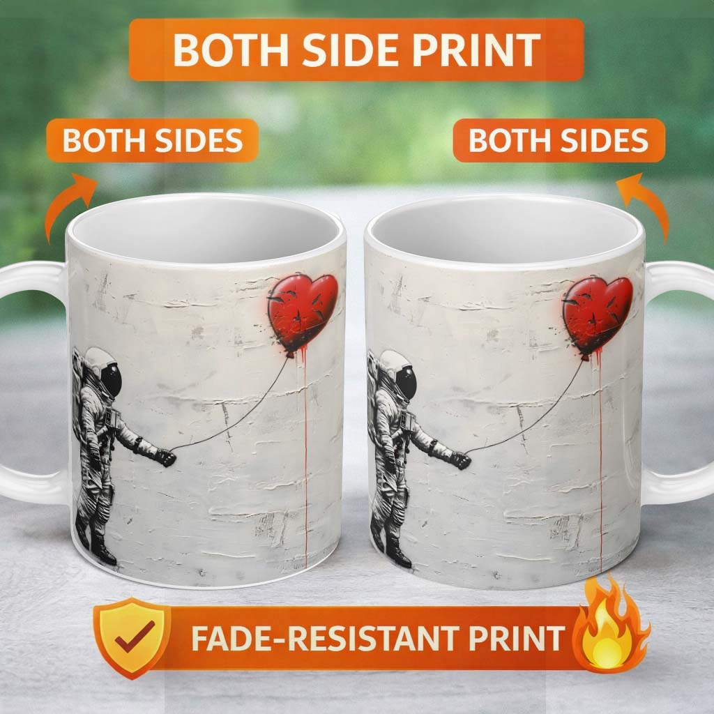 Astronaut Holding Red Heart Balloon Minimal Graffiti 11oz Ceramic Coffee Tea Mug White Large Handle