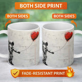 Astronaut Holding Red Heart Balloon Minimal Graffiti 11oz Ceramic Coffee Tea Mug White Large Handle