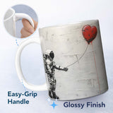 Astronaut Holding Red Heart Balloon Minimal Graffiti 11oz Ceramic Coffee Tea Mug White Large Handle