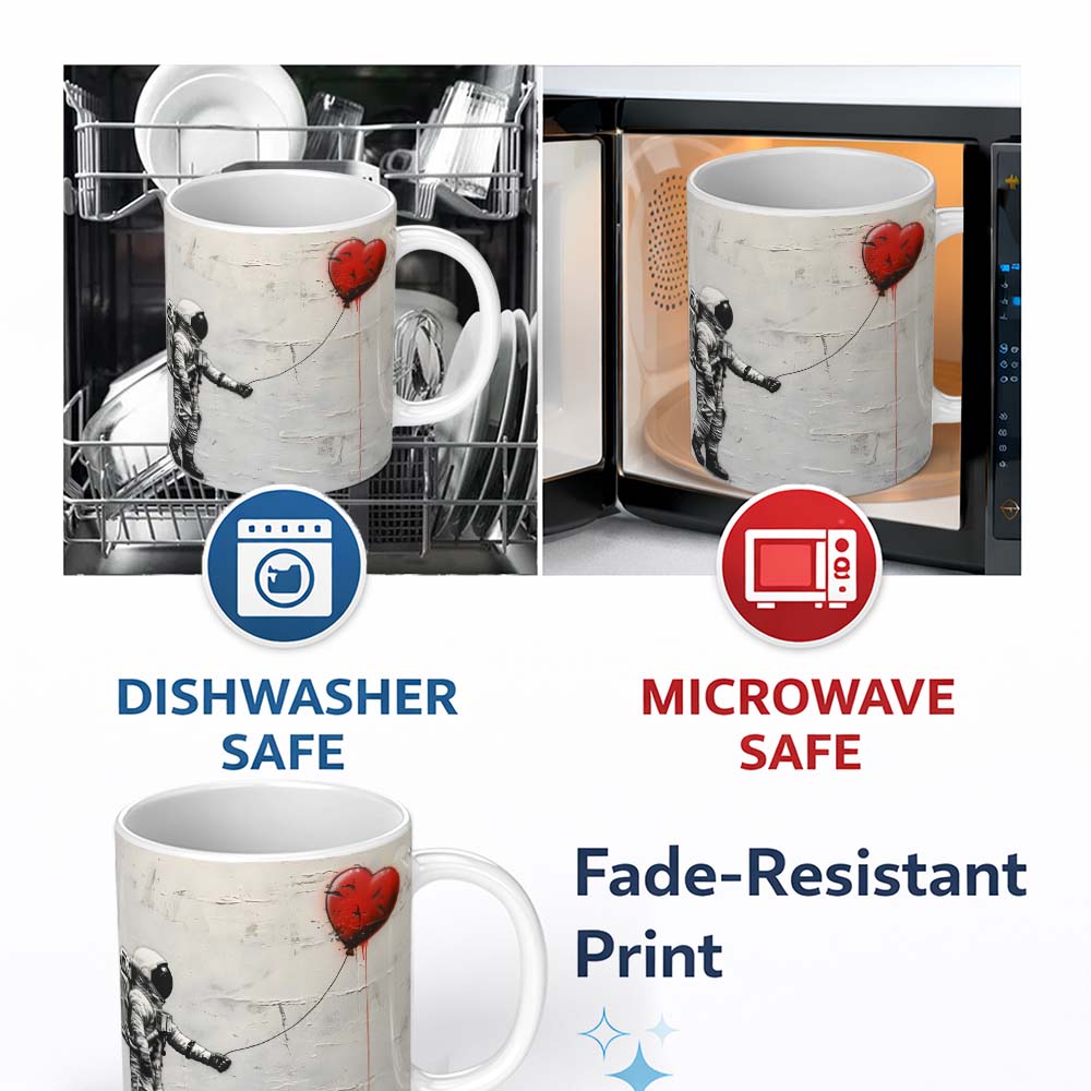 Astronaut Holding Red Heart Balloon Minimal Graffiti 11oz Ceramic Coffee Tea Mug White Large Handle