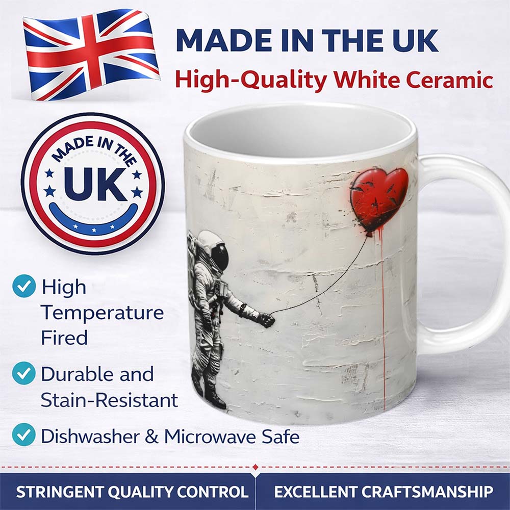 Astronaut Holding Red Heart Balloon Minimal Graffiti 11oz Ceramic Coffee Tea Mug White Large Handle