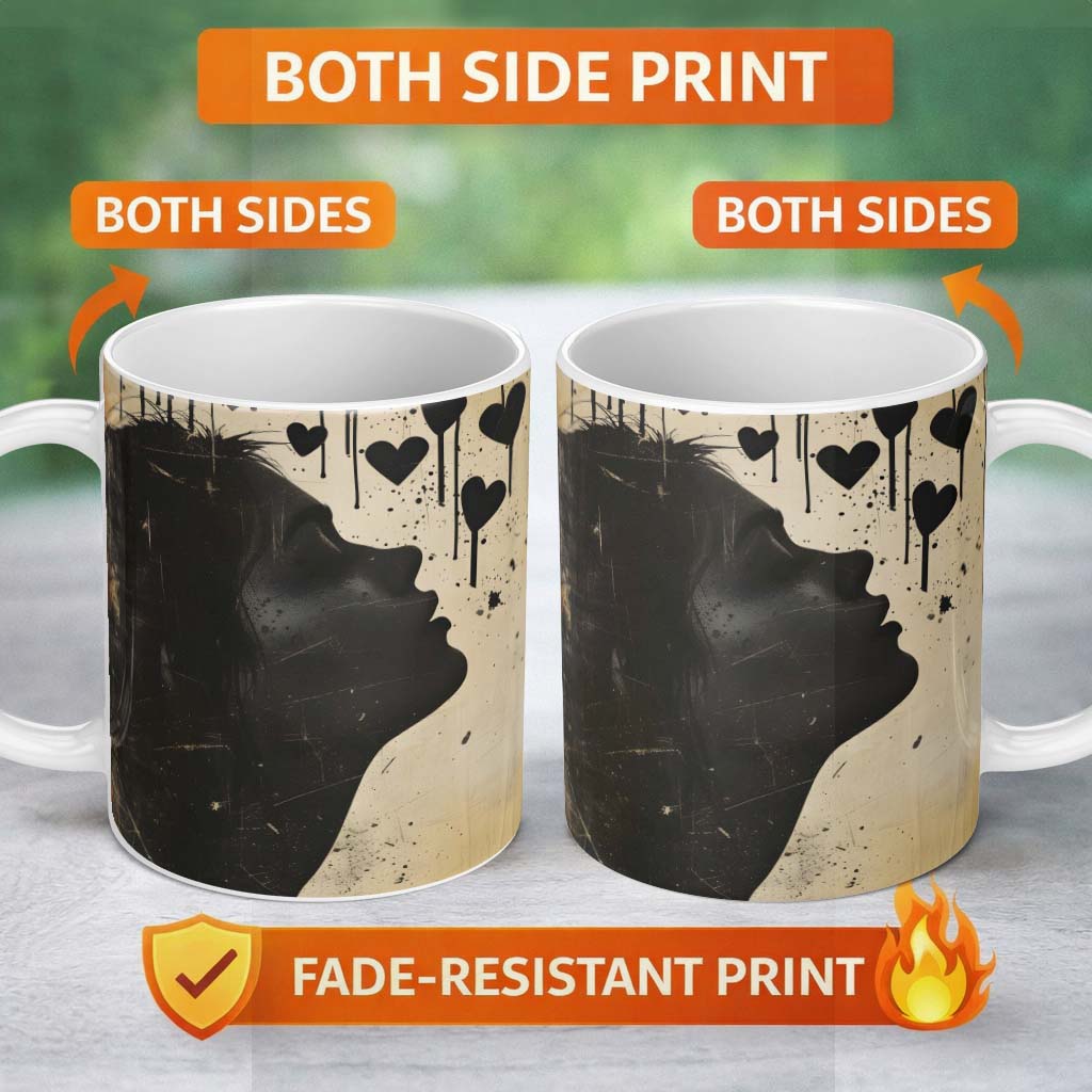 Red Heart Abstract  With Woman Distressed Graffiti 11oz Ceramic Coffee Tea Mug White Large Handle