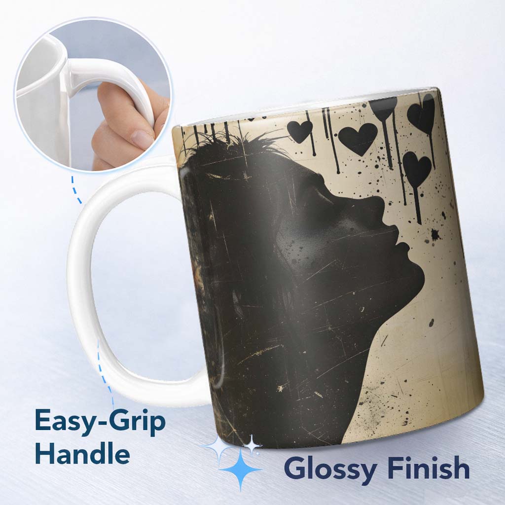 Red Heart Abstract  With Woman Distressed Graffiti 11oz Ceramic Coffee Tea Mug White Large Handle