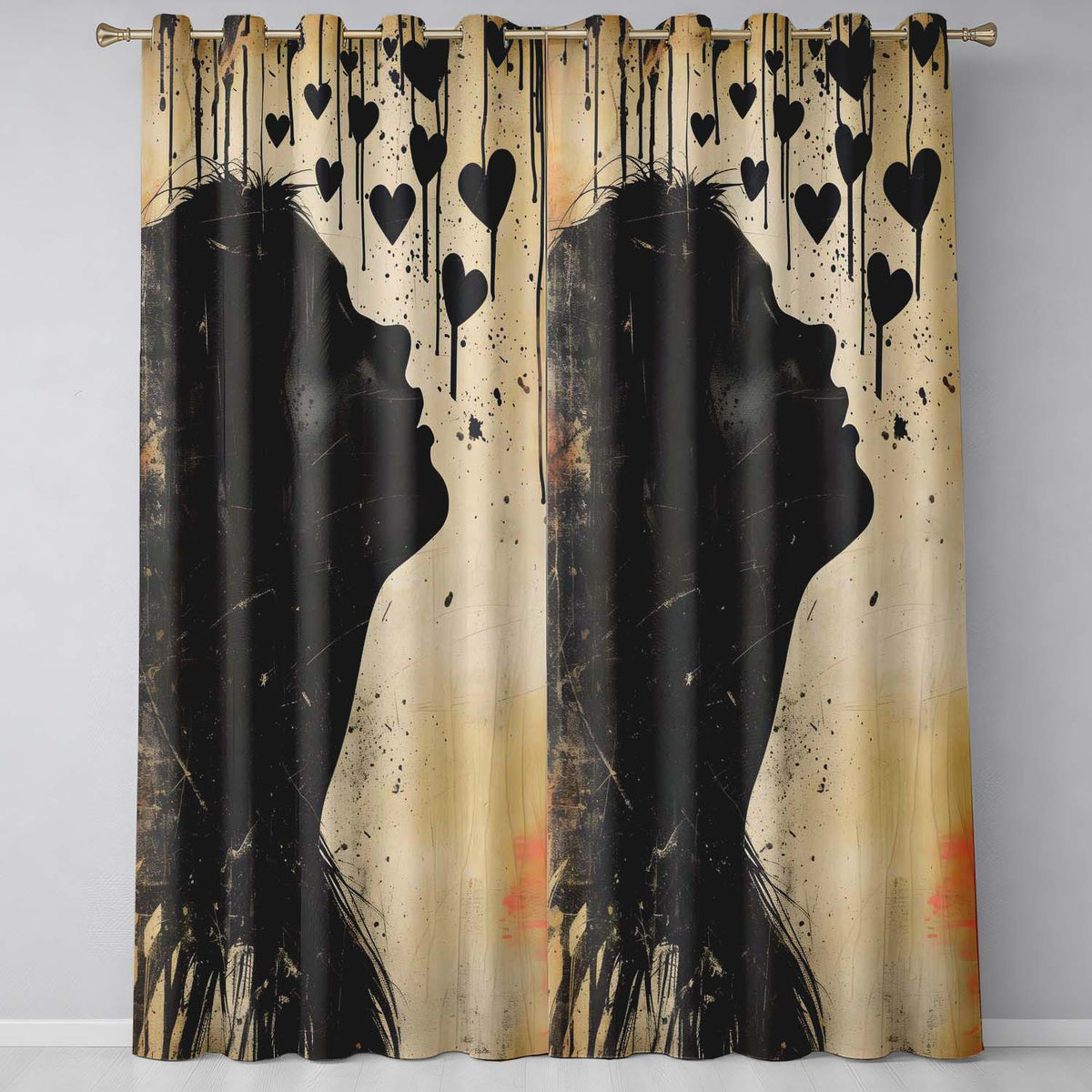 Red Heart Abstract  With Woman Distressed Graffiti Expressive Wall Art Home Decor Readymade Eyelet Ring Top Thermal 100% Blackout Curtains
