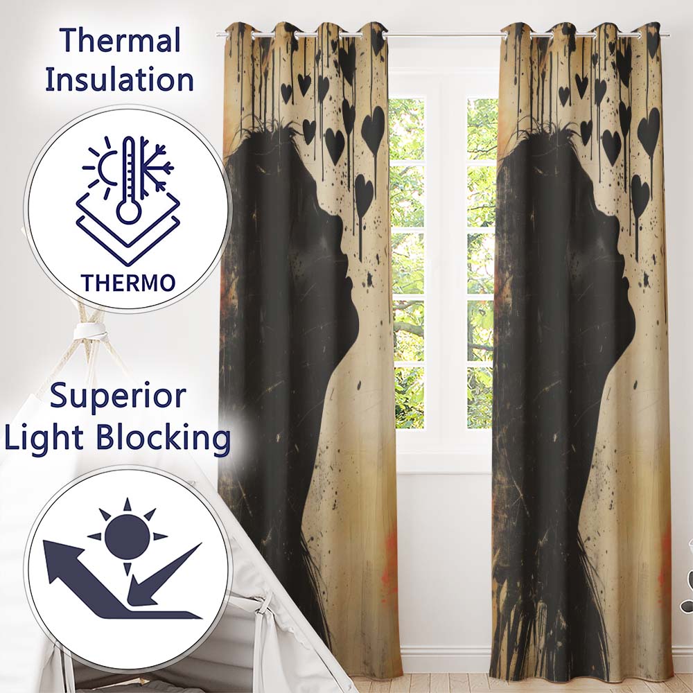 Red Heart Abstract  With Woman Distressed Graffiti Expressive Wall Art Home Decor Readymade Eyelet Ring Top Thermal 100% Blackout Curtains