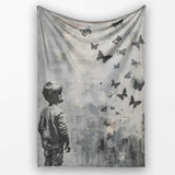 Boy Watching Black Butterflies Monochrome Street Art, Lightweight Comfortable Decorative Accent - Super Soft Fleece Blanket Bed Sofa Throw