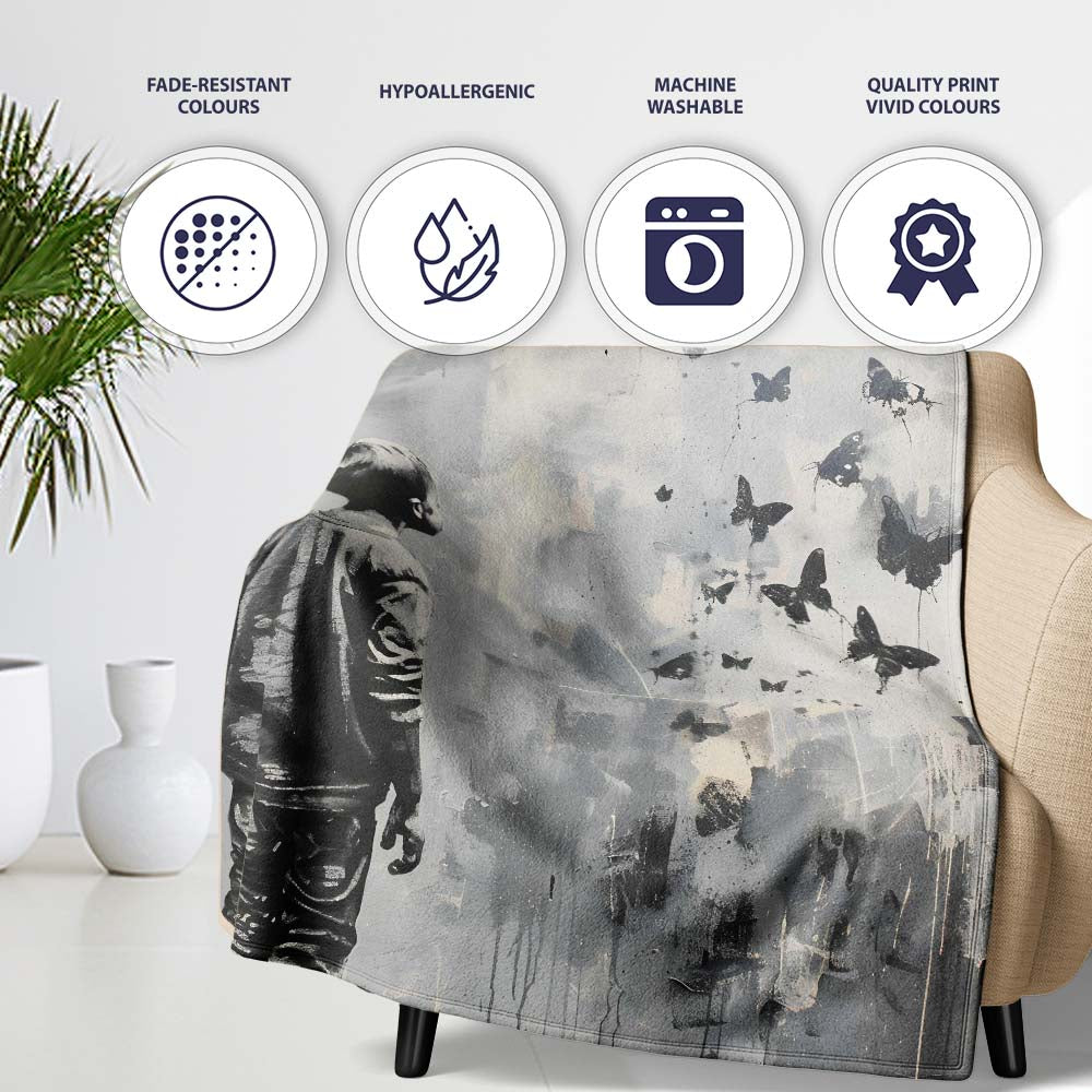 Boy Watching Black Butterflies Monochrome Street Art, Lightweight Comfortable Decorative Accent - Super Soft Fleece Blanket Bed Sofa Throw