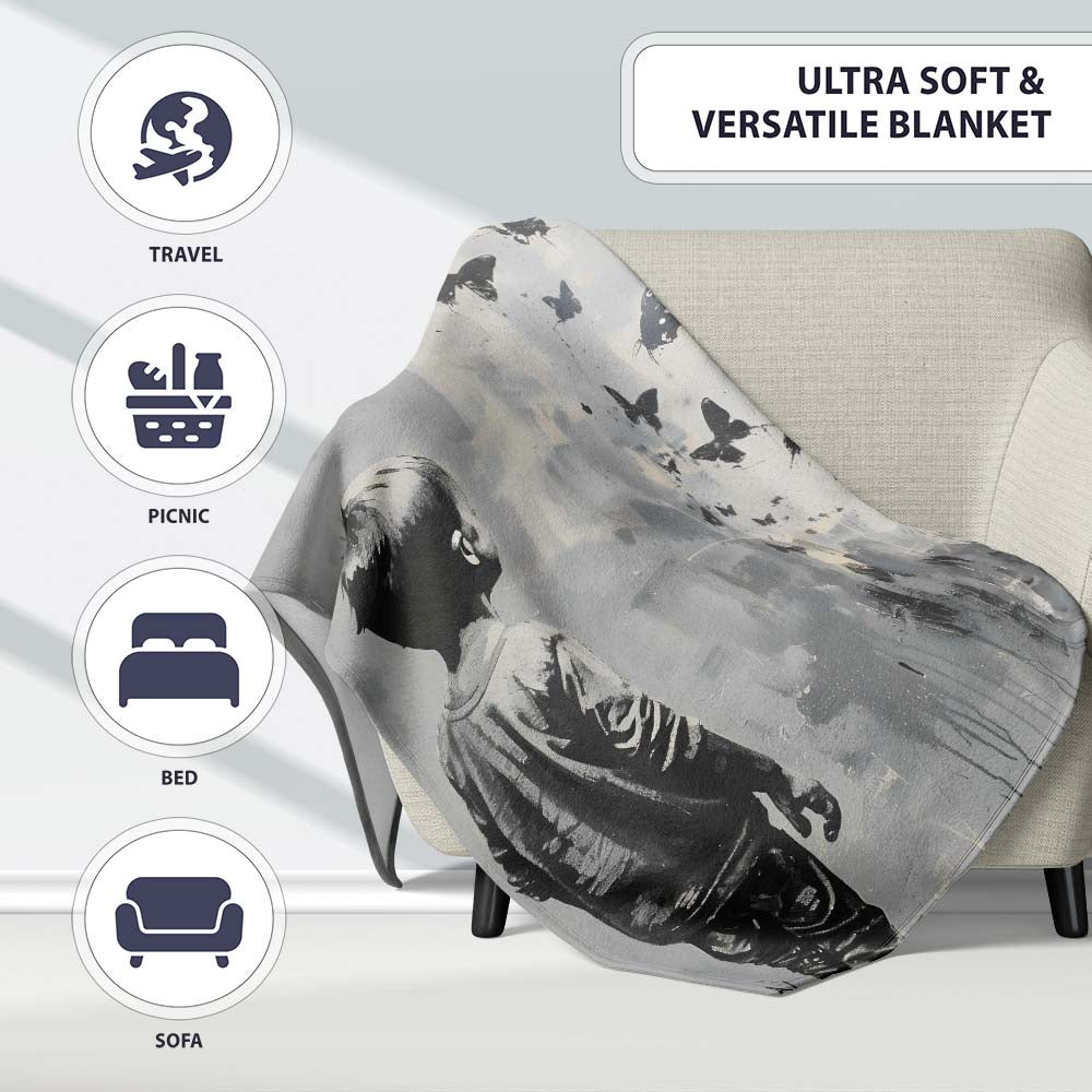 Boy Watching Black Butterflies Monochrome Street Art, Lightweight Comfortable Decorative Accent - Super Soft Fleece Blanket Bed Sofa Throw
