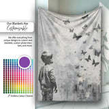 Boy Watching Black Butterflies Monochrome Street Art, Lightweight Comfortable Decorative Accent - Super Soft Fleece Blanket Bed Sofa Throw