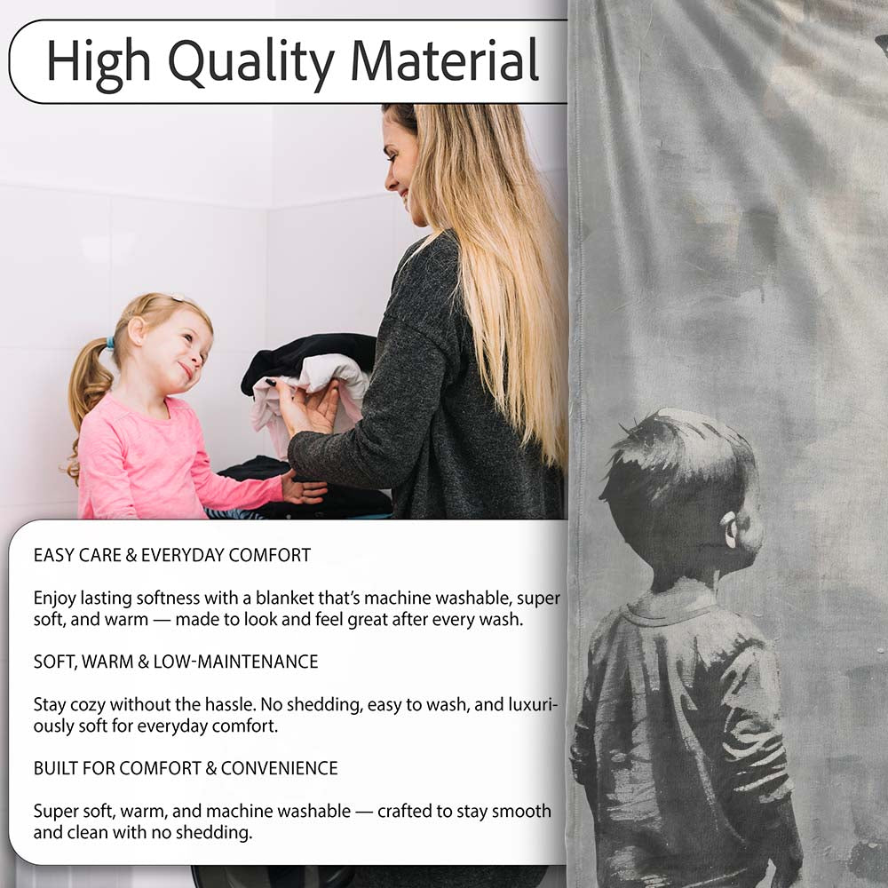 Boy Watching Black Butterflies Monochrome Street Art, Lightweight Comfortable Decorative Accent - Super Soft Fleece Blanket Bed Sofa Throw