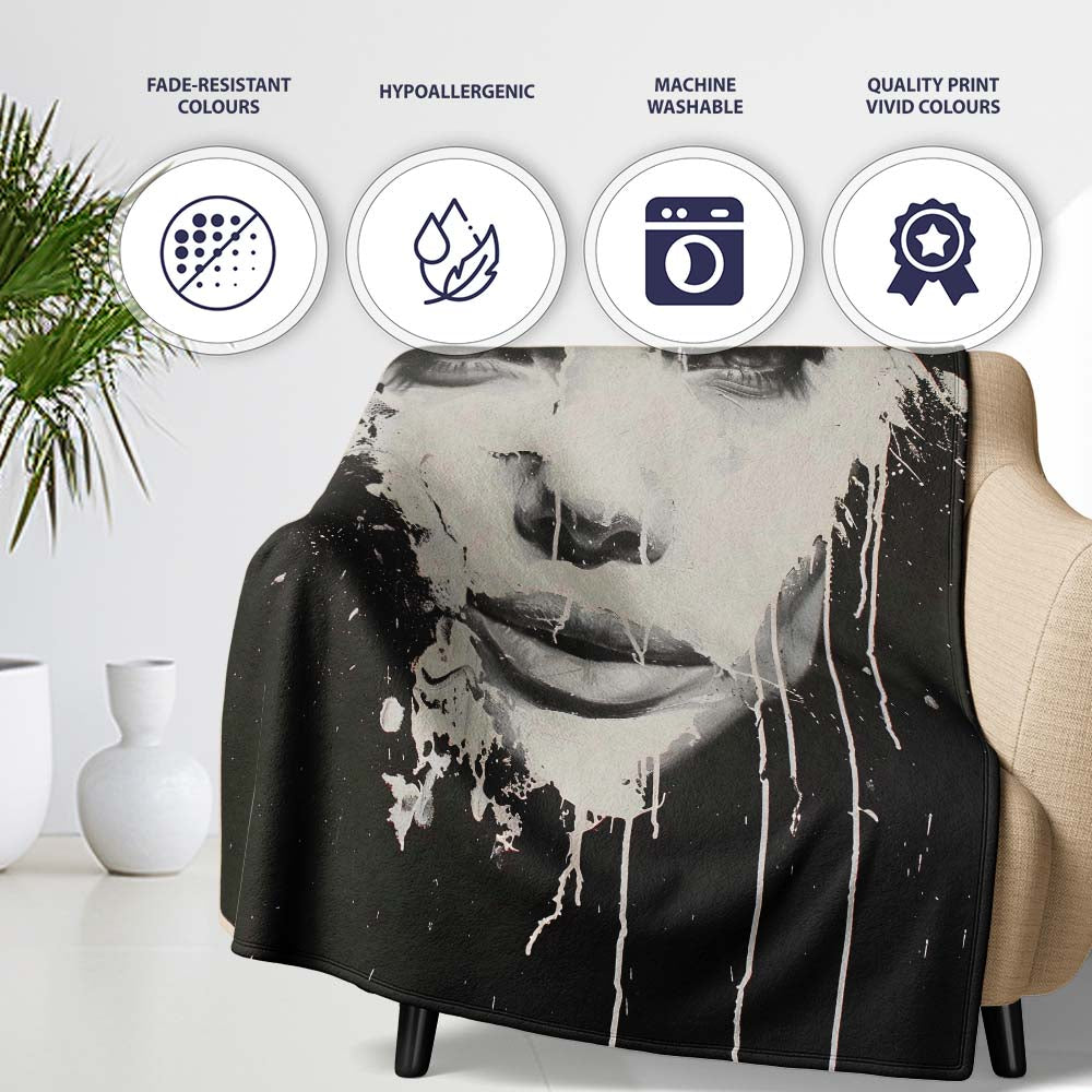 Black and White Female Face Abstract Drip Art, All Season Comfort, Thoughtful Housewarming Gift - Super Soft Fleece Blanket Bed Sofa Throw