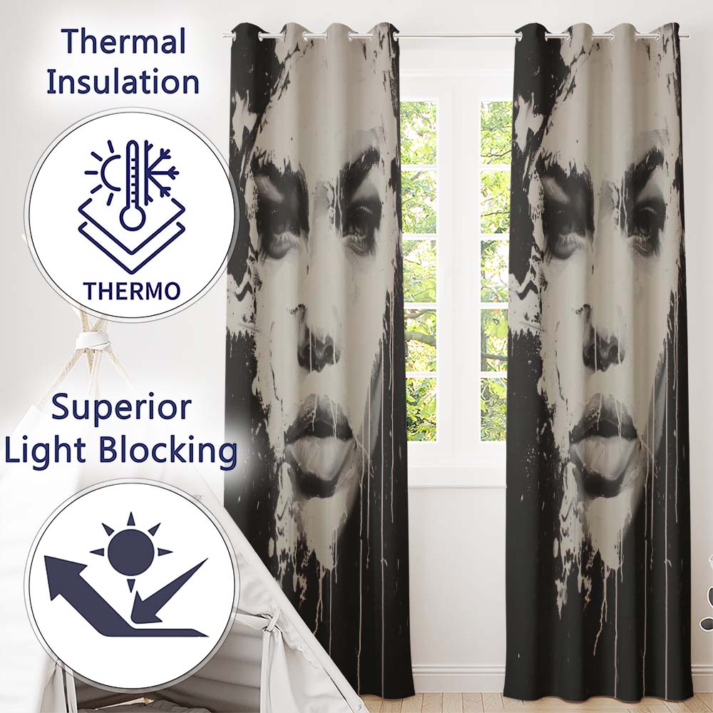 Black and White Female Face Abstract Drip Art Vibrant Bold Artwork for Home Decor Readymade Eyelet Ring Top Thermal 100% Blackout Curtains