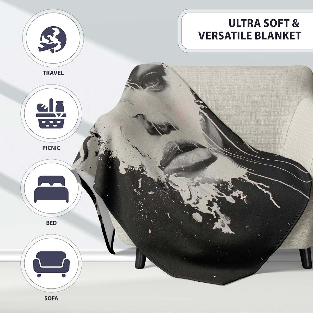 Black and White Female Face Abstract Drip Art, All Season Comfort, Thoughtful Housewarming Gift - Super Soft Fleece Blanket Bed Sofa Throw