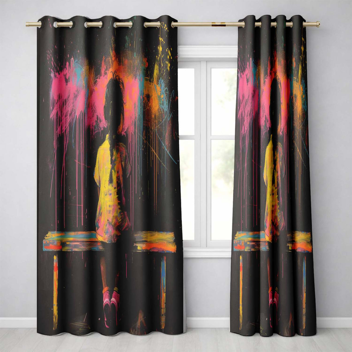 Girl Sitting on Bench Colour Splash Graffiti Bold Striking Artwork for Home Decor Readymade Eyelet Ring Top Thermal 100% Blackout Curtains