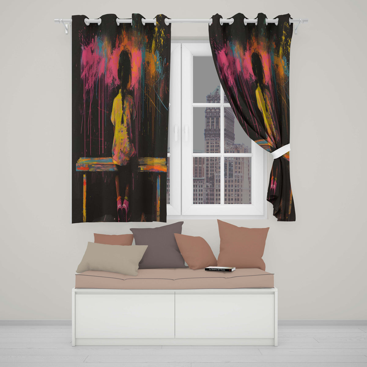 Girl Sitting on Bench Colour Splash Graffiti Bold Striking Artwork for Home Decor Readymade Eyelet Ring Top Thermal 100% Blackout Curtains