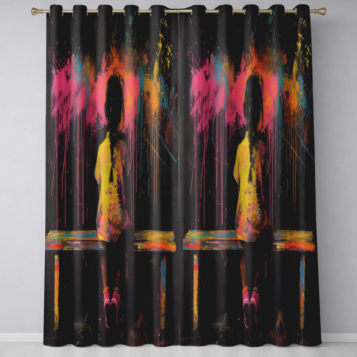 Girl Sitting on Bench Colour Splash Graffiti Bold Striking Artwork for Home Decor Readymade Eyelet Ring Top Thermal 100% Blackout Curtains