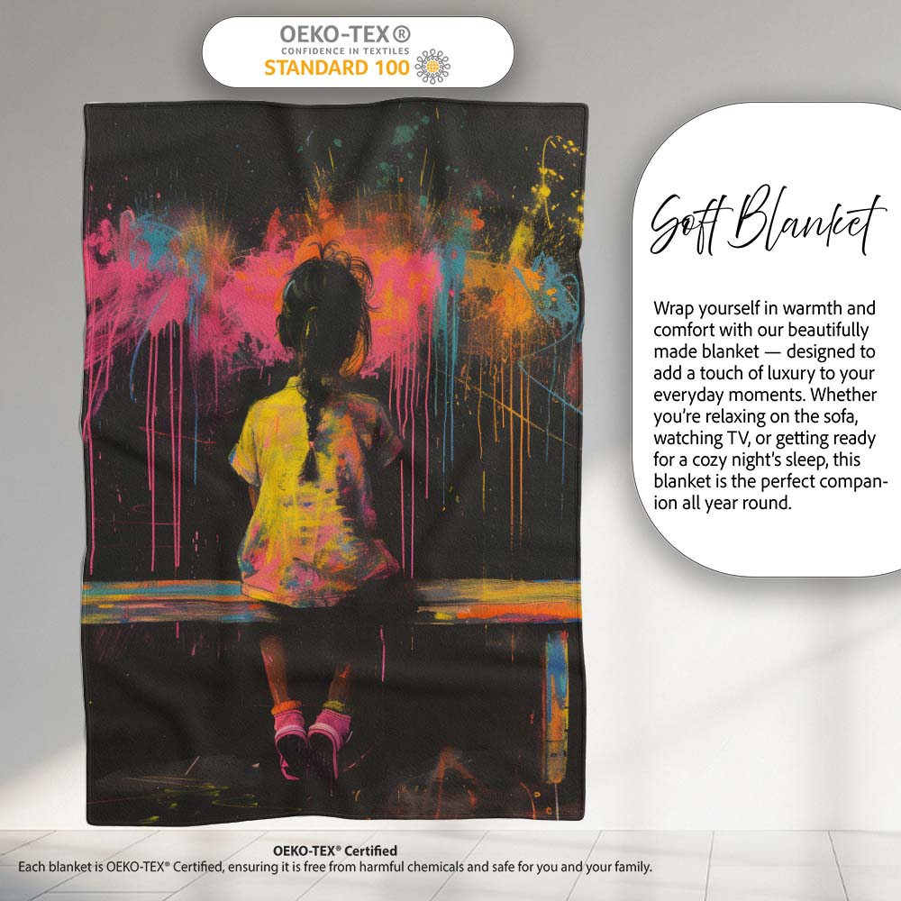 Girl Sitting on Bench Colour Splash Graffiti, Comfortable Everyday Use, Stylish Room Decoration - Super Soft Fleece Blanket Bed Sofa Throw