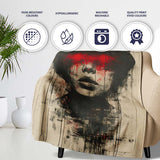 Female Officer Portrait Red Drip Urban Graffiti, Bedroom Living Room Accent, All Season Comfort - Super Soft Fleece Blanket Bed Sofa Throw