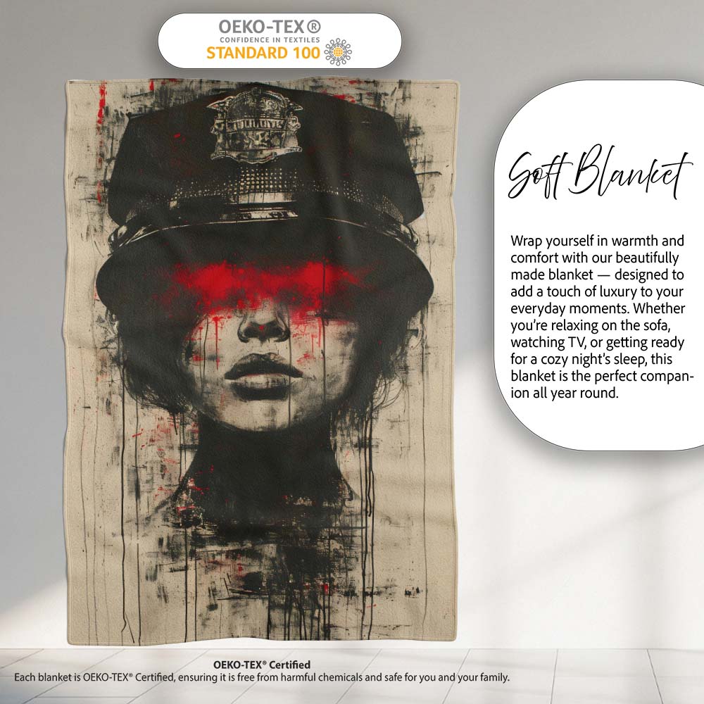 Female Officer Portrait Red Drip Urban Graffiti, Bedroom Living Room Accent, All Season Comfort - Super Soft Fleece Blanket Bed Sofa Throw
