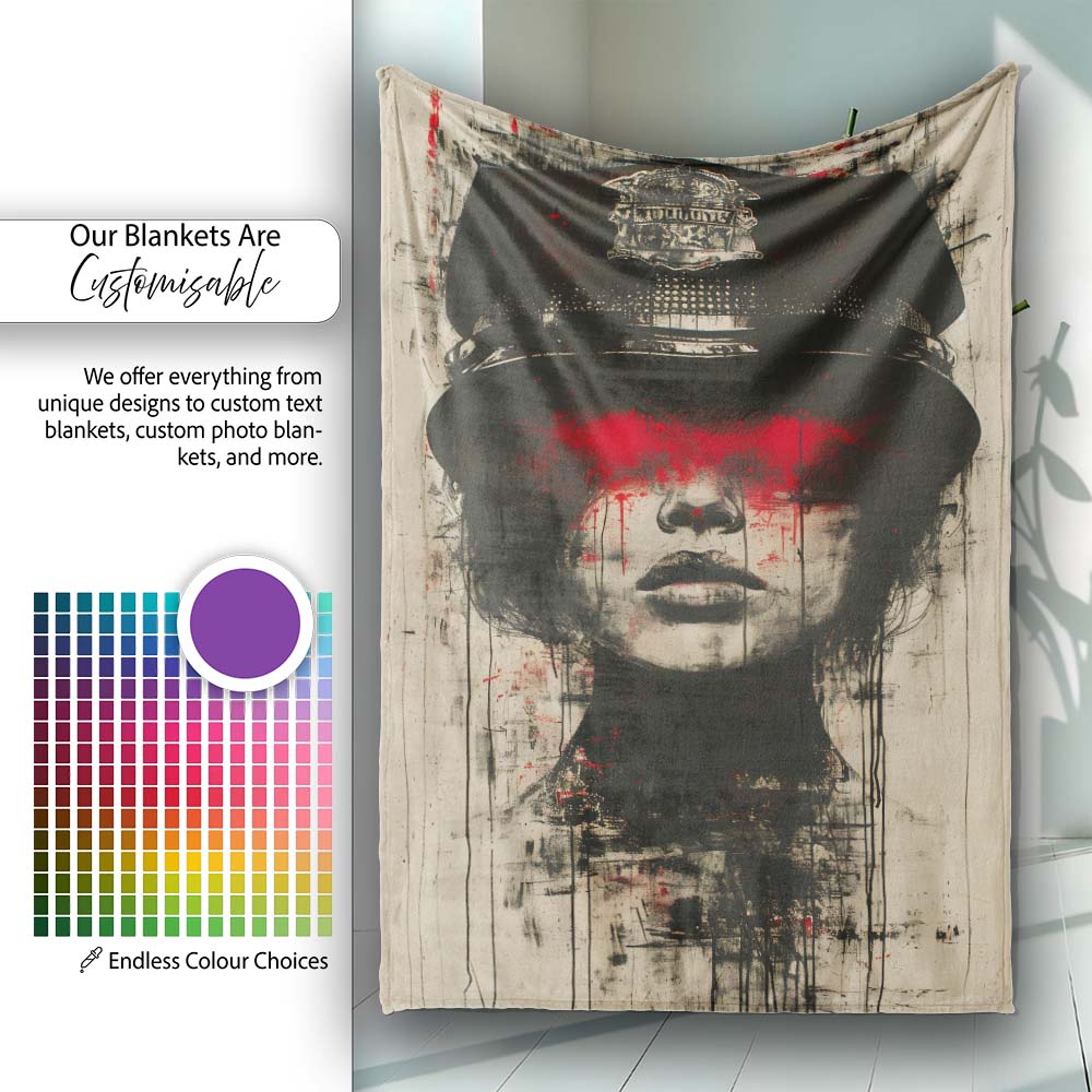 Female Officer Portrait Red Drip Urban Graffiti, Bedroom Living Room Accent, All Season Comfort - Super Soft Fleece Blanket Bed Sofa Throw