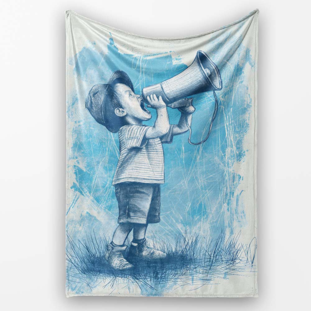 Boy Shouting Through Megaphone Blue Sketch Art, Lightweight Warm Gift, Comfortable Everyday Use - Super Soft Fleece Blanket Bed Sofa Throw