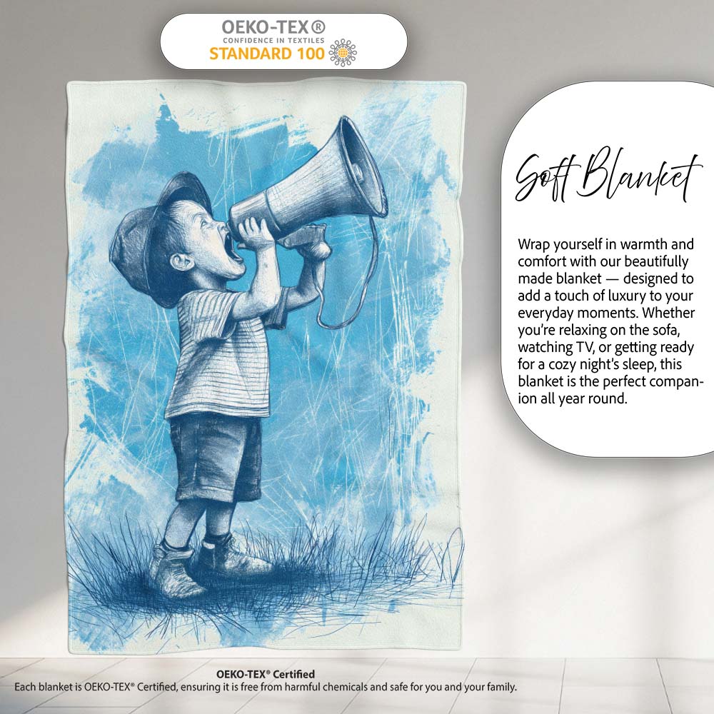 Boy Shouting Through Megaphone Blue Sketch Art, Lightweight Warm Gift, Comfortable Everyday Use - Super Soft Fleece Blanket Bed Sofa Throw