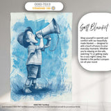 Boy Shouting Through Megaphone Blue Sketch Art, Lightweight Warm Gift, Comfortable Everyday Use - Super Soft Fleece Blanket Bed Sofa Throw