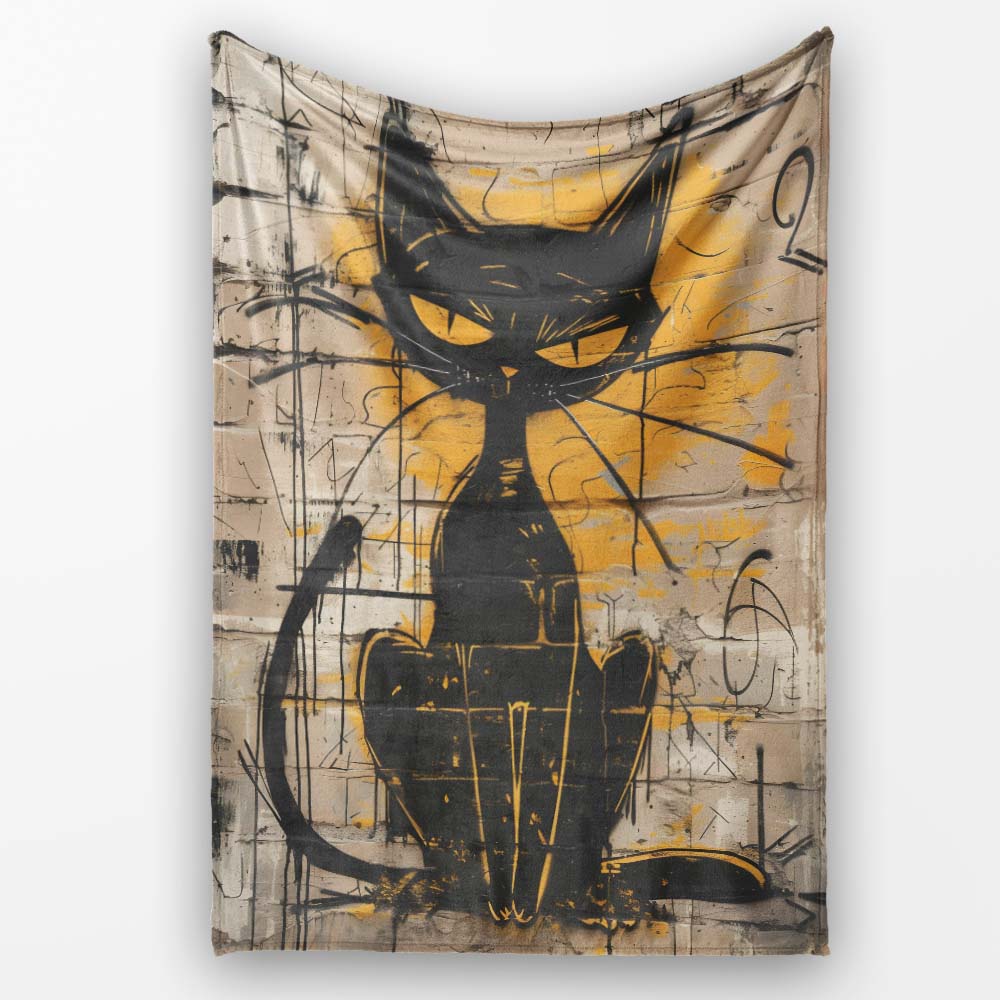 Black Cat Yellow Brick Graffiti Street Art, Gift for Adults and Teens, Comfortable Everyday Use - Super Soft Fleece Blanket Bed Sofa Throw
