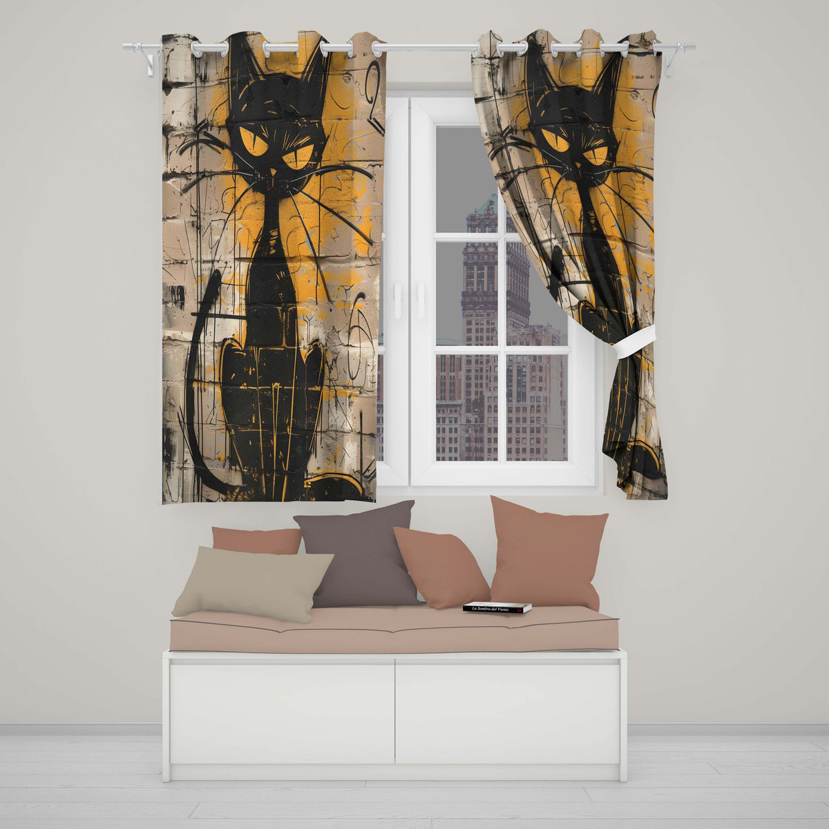 Black Cat Yellow Brick Graffiti Street Art Expressive Bold Artwork for Home Decor Readymade Eyelet Ring Top Thermal 100% Blackout Curtains