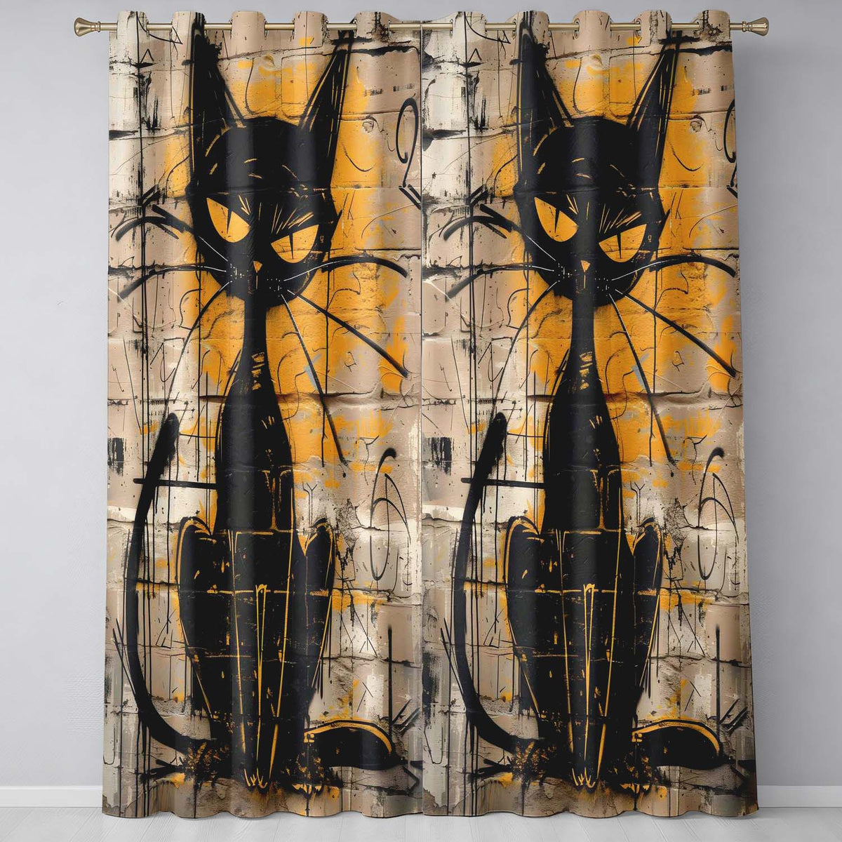 Black Cat Yellow Brick Graffiti Street Art Expressive Bold Artwork for Home Decor Readymade Eyelet Ring Top Thermal 100% Blackout Curtains