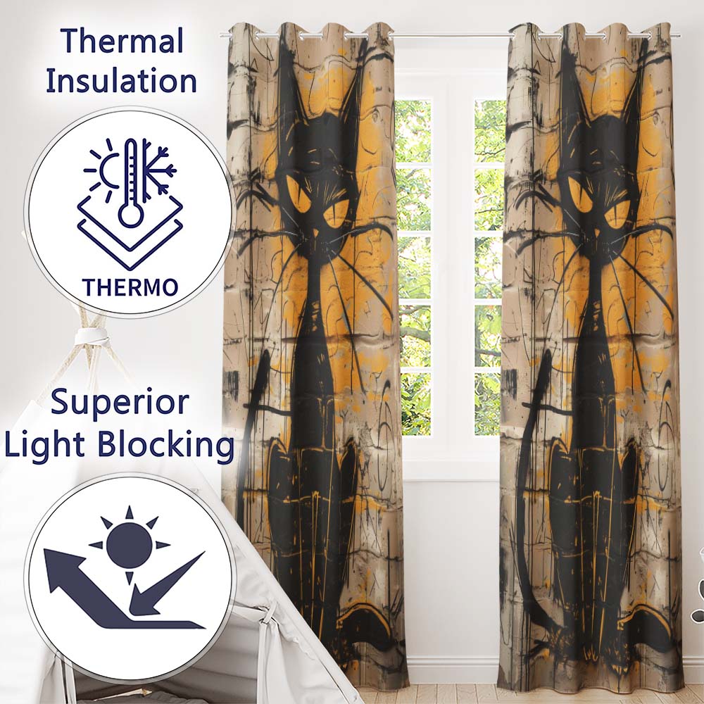 Black Cat Yellow Brick Graffiti Street Art Expressive Bold Artwork for Home Decor Readymade Eyelet Ring Top Thermal 100% Blackout Curtains