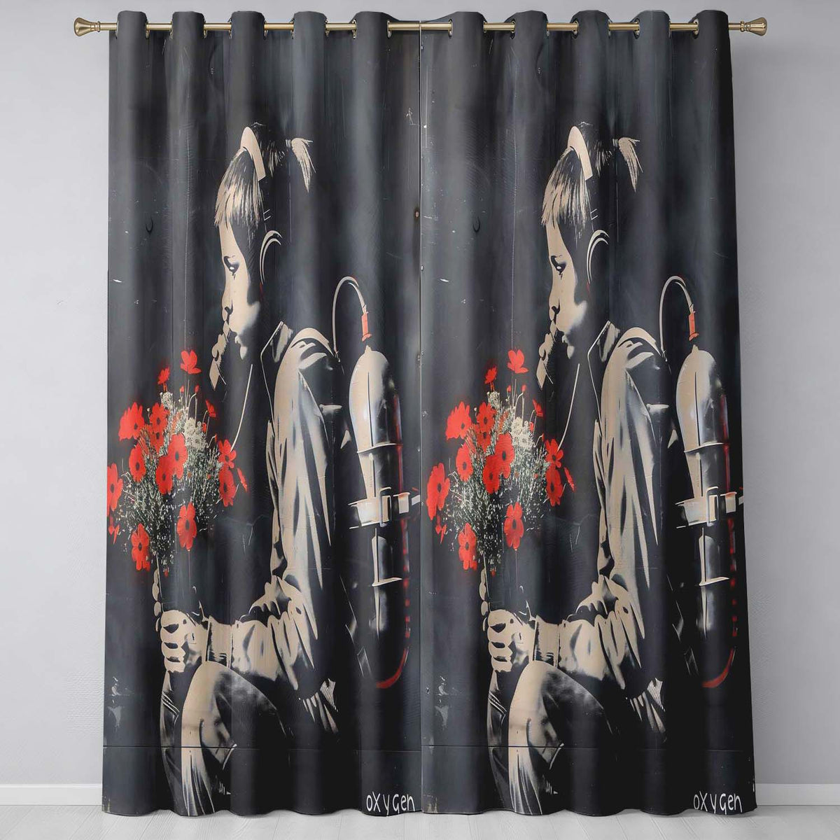 Boy with Red Flowers Dark Stencil Graffiti Unique Striking Artwork for Home Decor Readymade Eyelet Ring Top Thermal 100% Blackout Curtains
