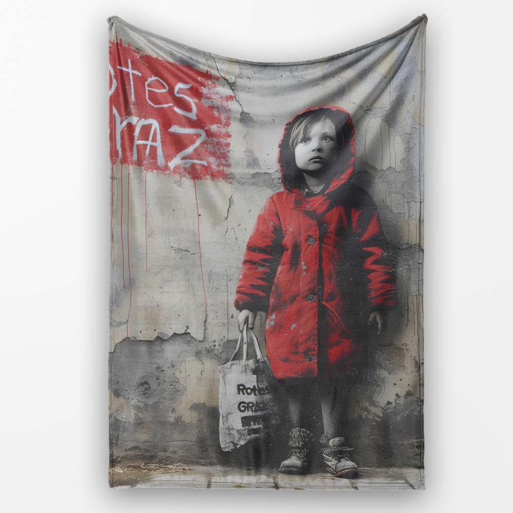 Child in Red Coat Urban Street Art, Cozy Home Decor, All Season Comfort, Modern Interior Accent - Super Soft Fleece Blanket Bed Sofa Throw
