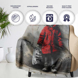 Child in Red Coat Urban Street Art, Cozy Home Decor, All Season Comfort, Modern Interior Accent - Super Soft Fleece Blanket Bed Sofa Throw
