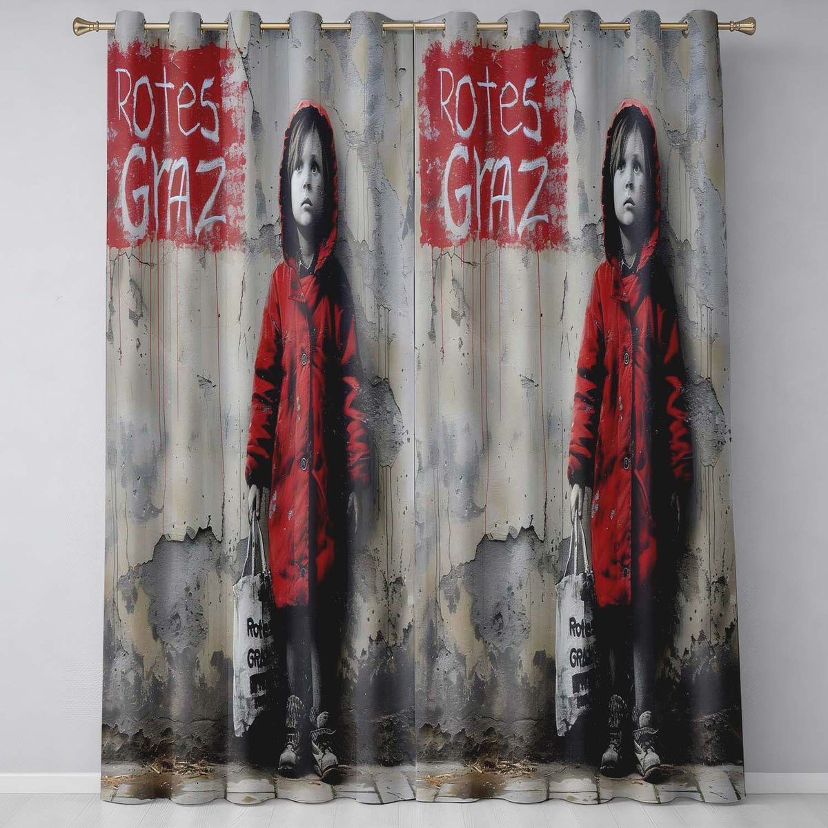 Child in Red Coat Urban Street Art Contemporary Artwork for Modern Interior Decor Readymade Eyelet Ring Top Thermal 100% Blackout Curtains