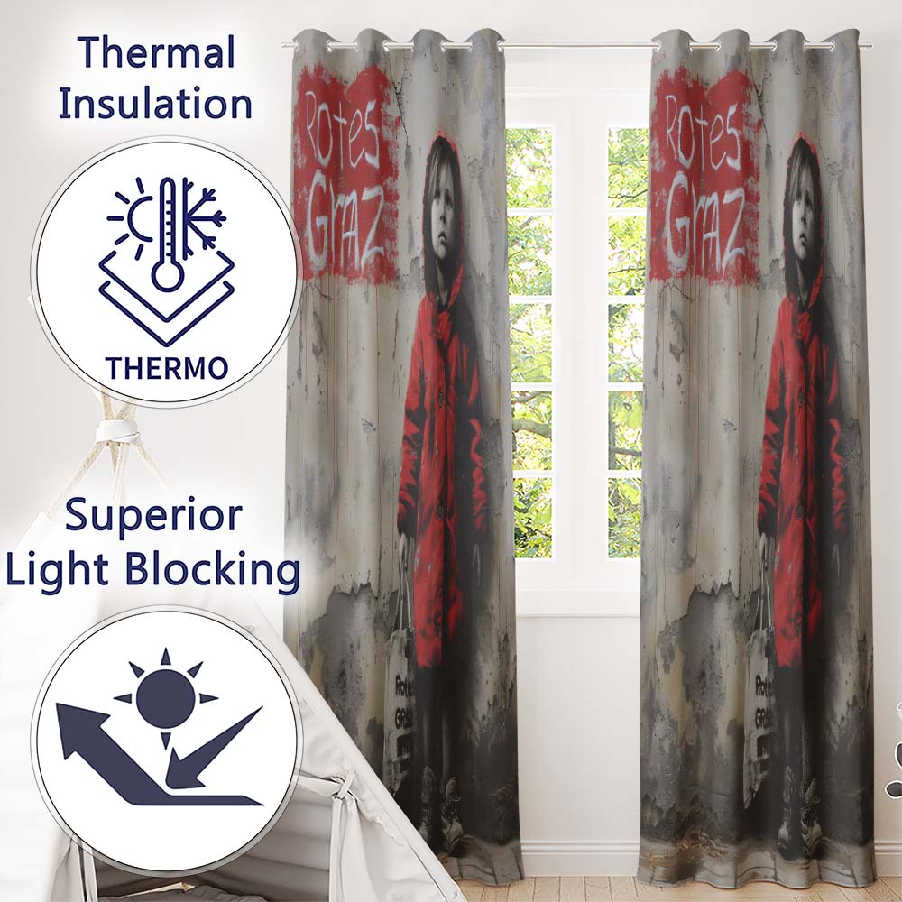 Child in Red Coat Urban Street Art Contemporary Artwork for Modern Interior Decor Readymade Eyelet Ring Top Thermal 100% Blackout Curtains