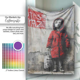 Child in Red Coat Urban Street Art, Cozy Home Decor, All Season Comfort, Modern Interior Accent - Super Soft Fleece Blanket Bed Sofa Throw