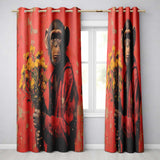 Chimpanzee Holding Yellow Flowers Red Urban Art Vibrant Artwork for Bedroom Decor Readymade Eyelet Ring Top Thermal 100% Blackout Curtains