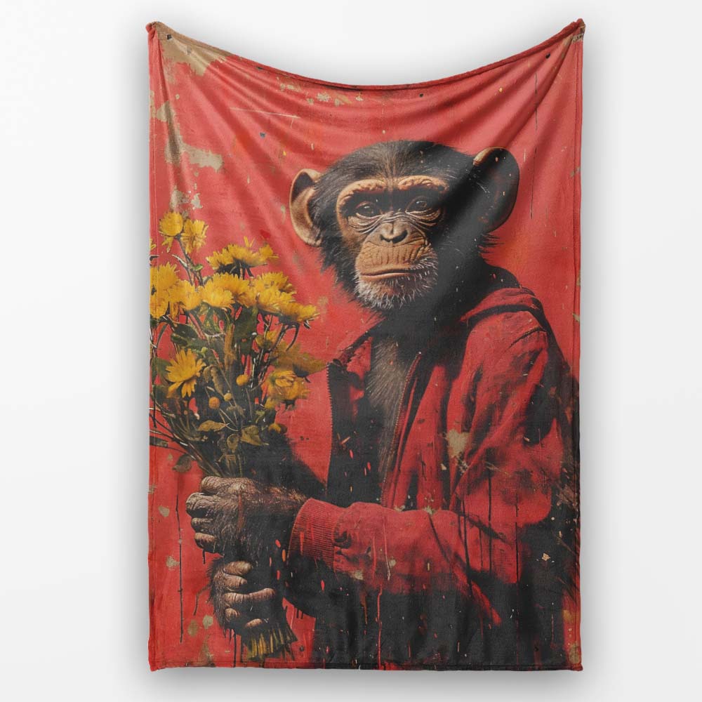 Chimpanzee Holding Yellow Flowers Red Urban Art, Bedroom Living Room Accent, All Season Comfort - Super Soft Fleece Blanket Bed Sofa Throw