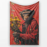 Chimpanzee Holding Yellow Flowers Red Urban Art, Bedroom Living Room Accent, All Season Comfort - Super Soft Fleece Blanket Bed Sofa Throw