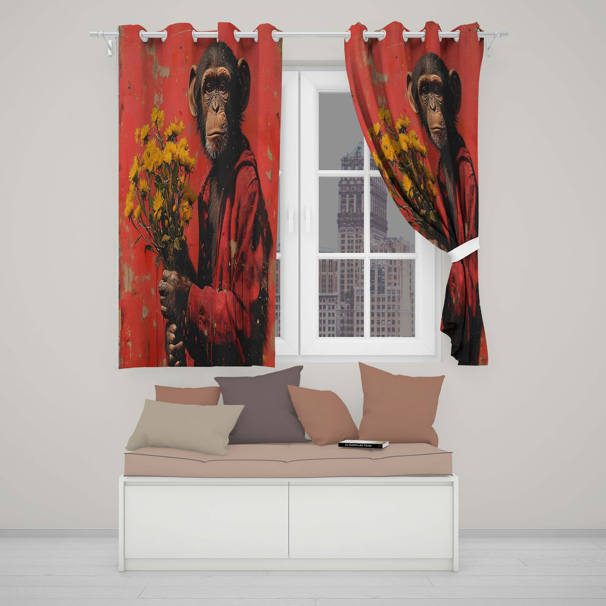 Chimpanzee Holding Yellow Flowers Red Urban Art Vibrant Artwork for Bedroom Decor Readymade Eyelet Ring Top Thermal 100% Blackout Curtains