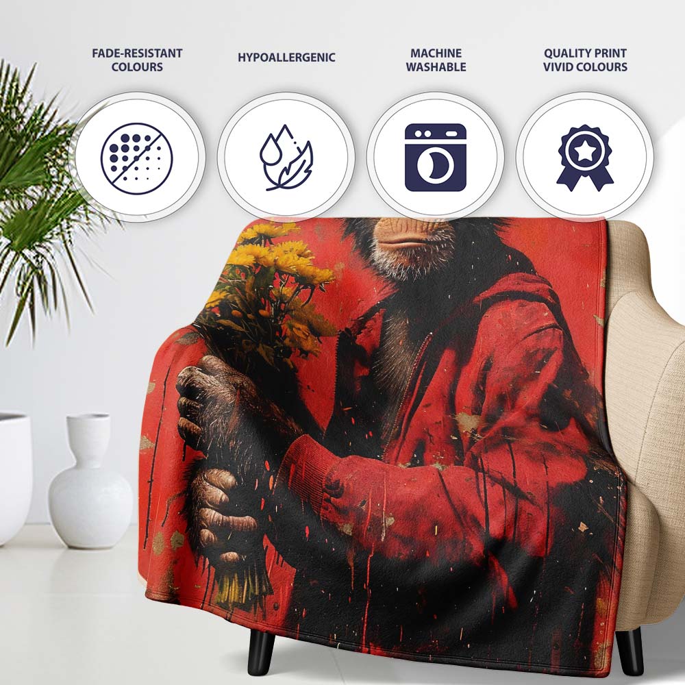 Chimpanzee Holding Yellow Flowers Red Urban Art, Bedroom Living Room Accent, All Season Comfort - Super Soft Fleece Blanket Bed Sofa Throw