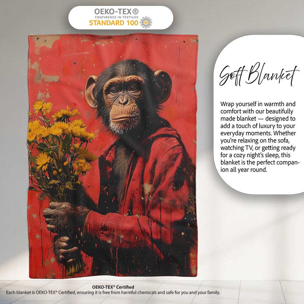 Chimpanzee Holding Yellow Flowers Red Urban Art, Bedroom Living Room Accent, All Season Comfort - Super Soft Fleece Blanket Bed Sofa Throw