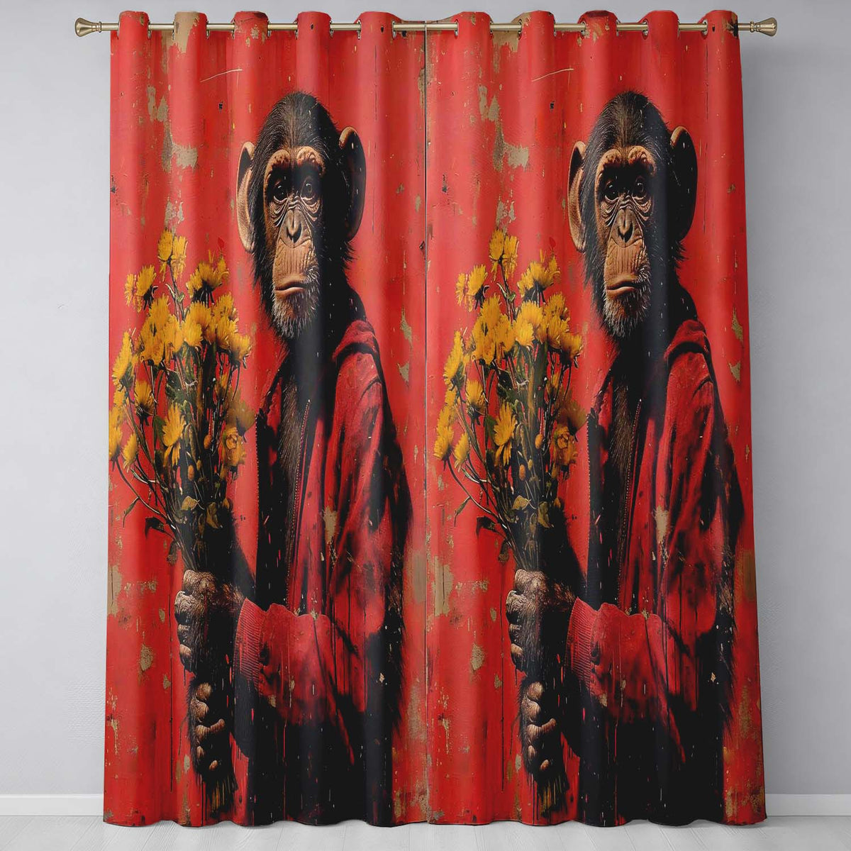 Chimpanzee Holding Yellow Flowers Red Urban Art Vibrant Artwork for Bedroom Decor Readymade Eyelet Ring Top Thermal 100% Blackout Curtains