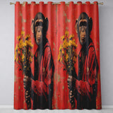 Chimpanzee Holding Yellow Flowers Red Urban Art Vibrant Artwork for Bedroom Decor Readymade Eyelet Ring Top Thermal 100% Blackout Curtains