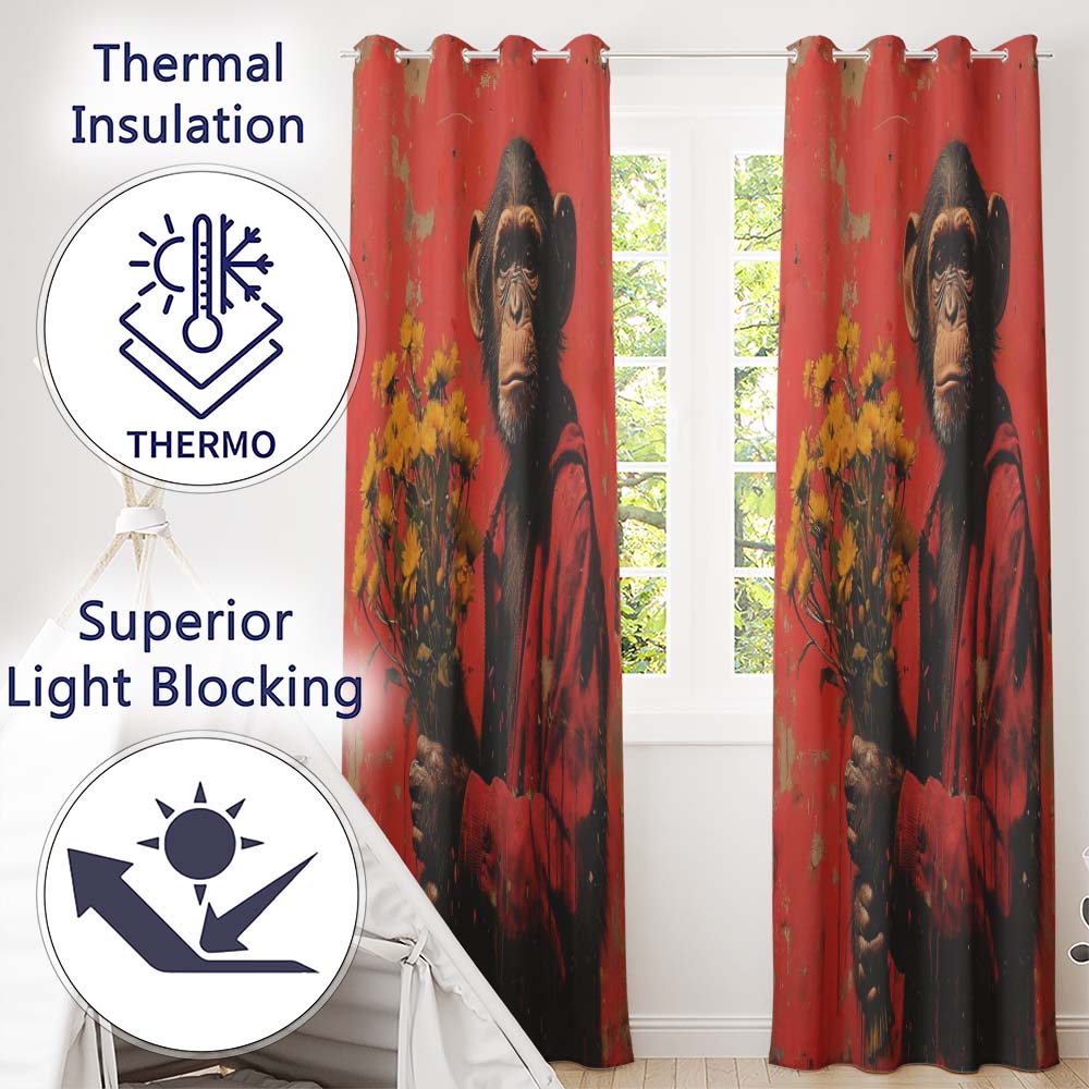 Chimpanzee Holding Yellow Flowers Red Urban Art Vibrant Artwork for Bedroom Decor Readymade Eyelet Ring Top Thermal 100% Blackout Curtains