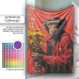 Chimpanzee Holding Yellow Flowers Red Urban Art, Bedroom Living Room Accent, All Season Comfort - Super Soft Fleece Blanket Bed Sofa Throw