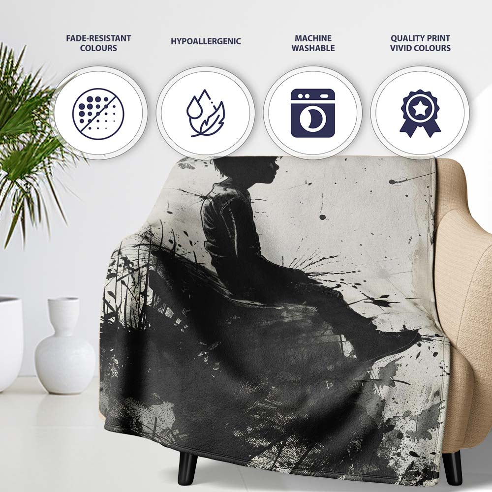 Seated Boy with Butterflies Monochrome Graffiti, Bedroom Living Room Accent, All Season Comfort - Super Soft Fleece Blanket Bed Sofa Throw