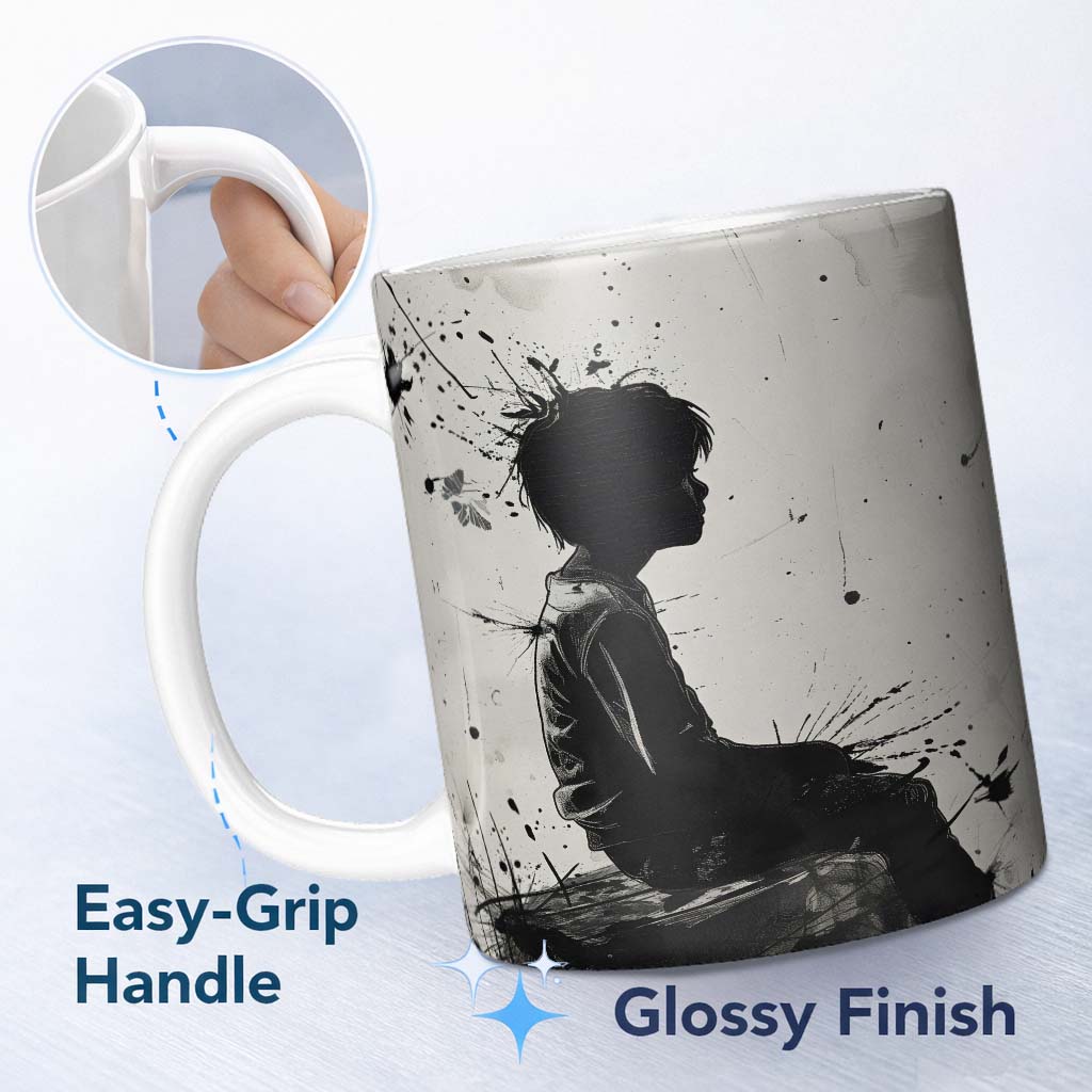 Seated Boy with Butterflies Monochrome Graffiti 11oz Ceramic Coffee Tea Mug White Large Handle